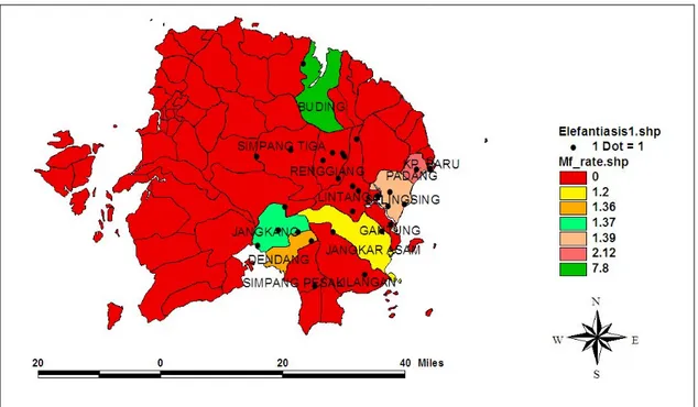 Gambar  1.  Peta  Distribusi  Mf  Rate  dan  Elefantiasis  di  Kabupaten  Belitung  Timur  Sebelum  Pengobatan Masal  (Tahun 2005)