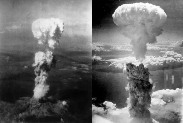 Gambar 3. Bom atom di langit Hiroshima (kiri) dan Nagasaki (kanan) 