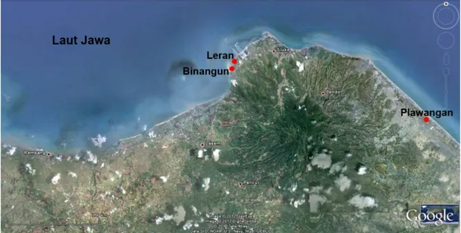 Gambar 1.  Lokasi Situs Leran, Kecamatan Sluke, Kabupaten Rembang, Jawa Tengah (Sumber: Google Earth, dengan  modifikasi).