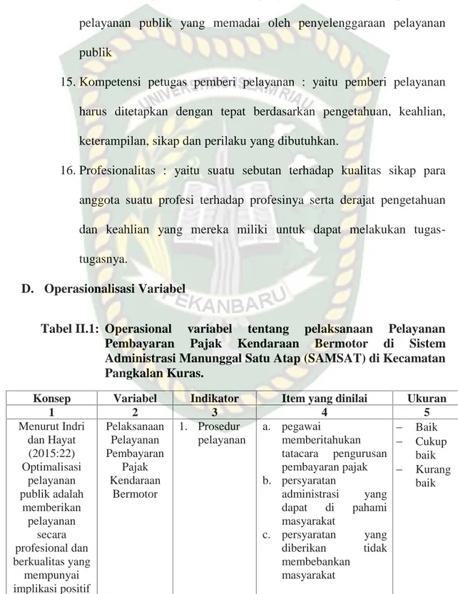 Tabel II.1: Operasional  variabel  tentang  pelaksanaan  Pelayanan Pembayaran Pajak  Kendaraan  Bermotor di  Sistem Administrasi Manunggal Satu Atap (SAMSAT) di Kecamatan Pangkalan Kuras.