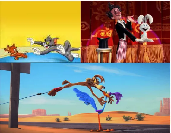 Gambar 1. Tom &amp; Jerry (kiri atas), Presto (kanan atas) dan Coyote Falls (bawah) 