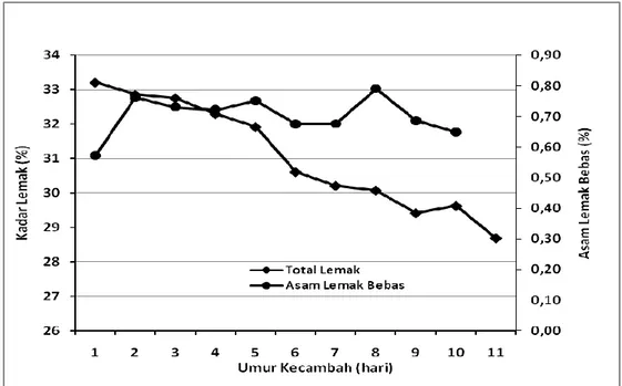 Gambar 5. Kadar Lemak dan Asam Lemak Bebas selama Perkecambahan Biji Kakao  Kadar  asam  lemak  bebas  yang  berfluktuasi  dalam  biji  disebabkan  adanya  regulasi  atau pengaturan dalam metabolisme lemak