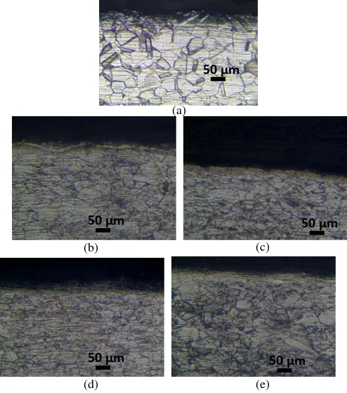 Gambar 8. Foto mikro spesimen (a) raw material ; (b) deformasi 27 % + annealing + sandblasting 100 0C ; (c) deformasi 27 % + annealing + sandblasting 200 0C,  (d) deformasi 27 % + annealing + sandblasting  300 0C ;   (e) deformasi 27 % + annealing + sandblasting 400 0C 