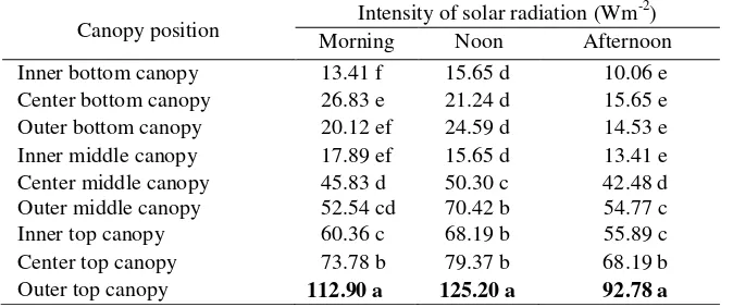 Table 1: The Average Intensity Of Solar Radiation Across Positions In The Canopy Position  