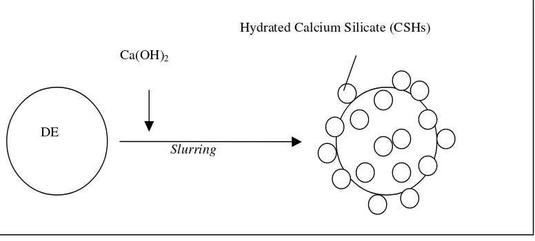Gambar 1. Model Reaksi Pozzolanic Ca(OH)2 dengan Silika pada DE (Mariana, 2003). 