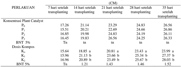 Tabel 1.  Panjang tanaman akibat pengaruh plant catalyst dan  kompos. 