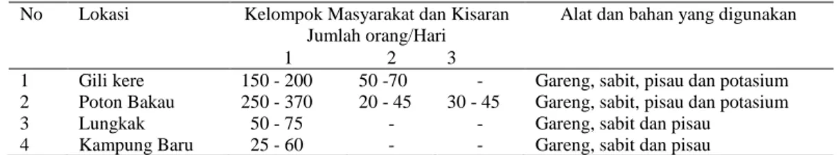 Tabel  2.  Komposisi  dan  kisaran  Jumlah  Masyarakat  Non  Nelayan  yang  Memanfaatkan  Areal Padang Lamun Setiap Hari pada Saat Air Surut