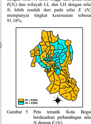 Gambar  5 Peta tematik Kota Bogor  berdasarkan perbandingan nilai  N i  dengan E (N i )