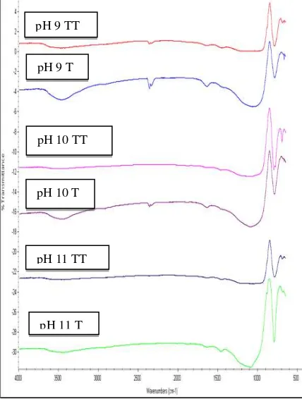 Gambar 5. Hasil FT-IR zeolit sintesis pada variasi pH 9, 10 dan 11 menggunakan template dan tanpa template organik ; TT = tanpa template dan T = dengan template