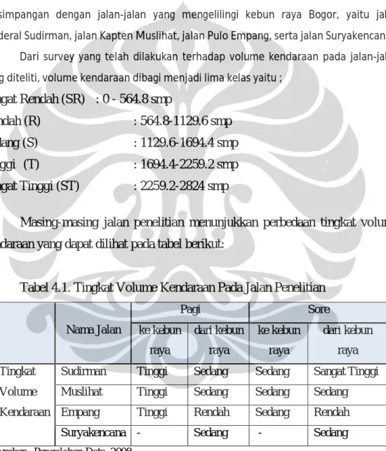 Tabel 4.1. Tingkat Volume Kendaraan Pada Jalan Penelitian     Nama Jalan  Pagi  Sore     ke kebun  raya  dari kebun raya  ke kebun raya  dari kebun raya  Tingkat  Sudirman  Tinggi        Sedang  Sedang  Sangat Tinggi   Volume  Muslihat  Tinggi  Sedang  Sed