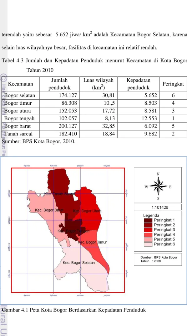 Tabel  4.3  Jumlah  dan  Kepadatan  Penduduk  menurut  Kecamatan  di  Kota  Bogor  Tahun 2010  Kecamatan  Jumlah  penduduk  Luas wilayah (km2)  Kepadatan penduduk  Peringkat   Bogor selatan  174.127  30,81  5.652  6  Bogor timur  86.308  10.,5  8.503  4  B