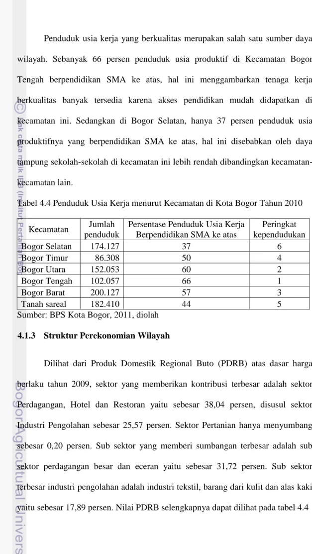Tabel 4.4 Penduduk Usia Kerja menurut Kecamatan di Kota Bogor Tahun 2010  Kecamatan  Jumlah 