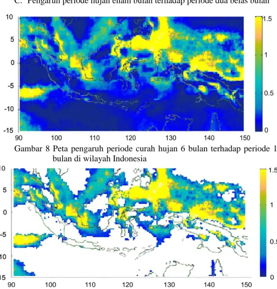 Gambar  8  Peta  pengaruh  periode  curah  hujan  6  bulan  terhadap  periode  12  bulan di wilayah Indonesia 