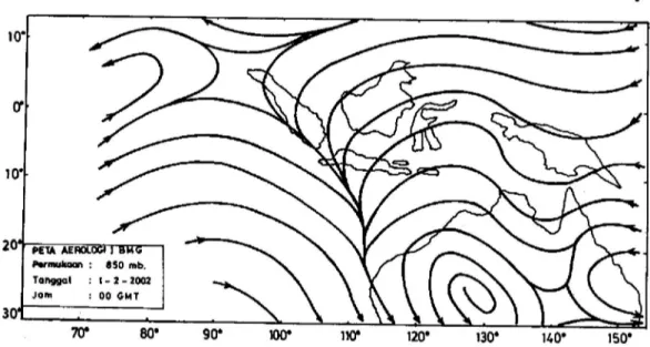 Gambar  2.  Garis  arus  udara  permukaan  850  mb,  tanggal  1  Februari  2002,  jam  7.00  WIB