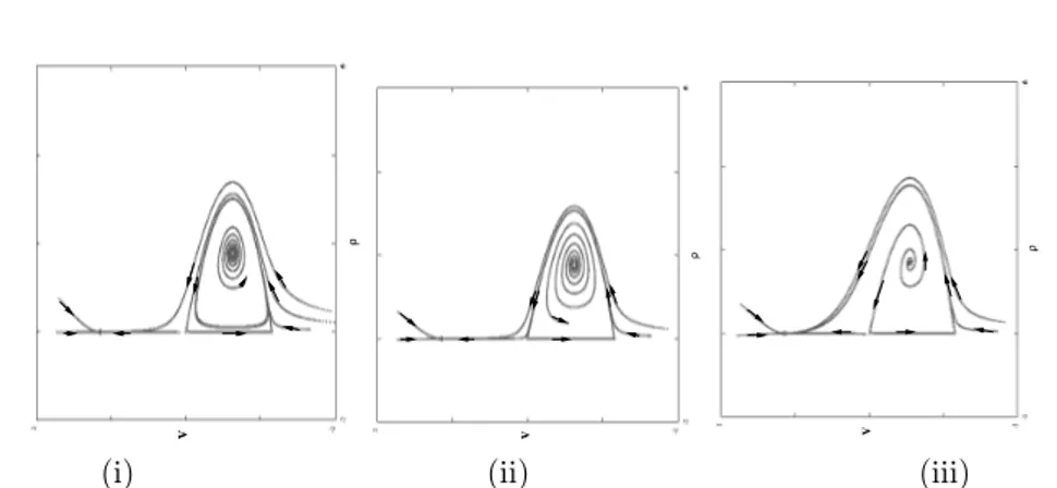 Gambar 4: Bifurkasi heteroklinik. Dinamika di bidang ρ−v untuk β = 2, γ 1 = 1, γ 2 = 2
