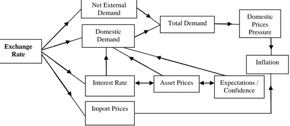 Gambar diatas menggambarkan hubungan kunci dalam mekanisme transmisi moneter  dari gangguan nilai tukar