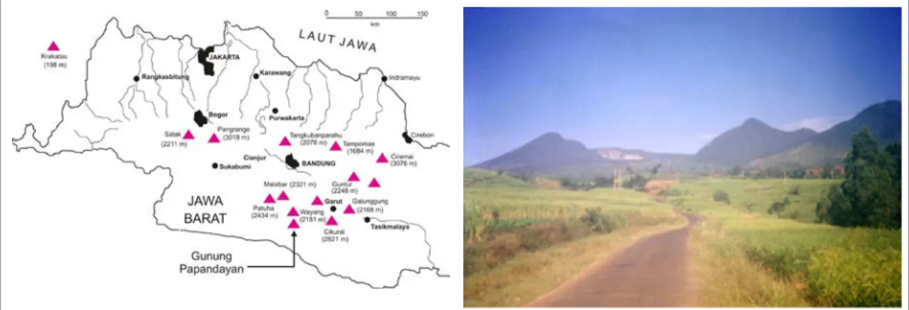 Gambar 1. Peta lokasi dan potret Gunung Api Papandayan (Abidin, 2003).