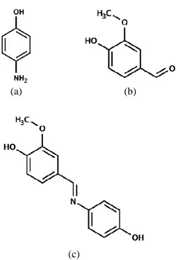 Gambar 1. Struktur kimia (a) p-aminofenol, (b) vanilin dan (c) 4-[N-(4-hidroksifenil) karboksi-midoil]-2- karboksi-midoil]-2-metoksifenol 