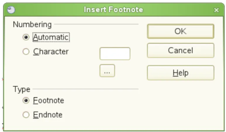 Gambar 3.12 Jendela Footnote untuk memberikan catatan kaki atau catatan akhir Dari jendela Insert Footnote terdapat dua bagian, yaitu bagian Numbering dan 