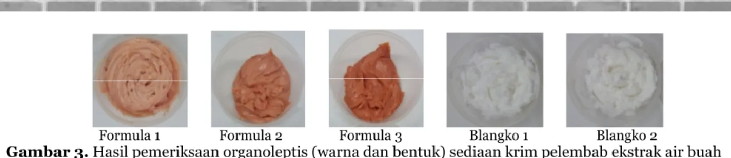 Gambar 3. Hasil pemeriksaan organoleptis (warna dan bentuk) sediaan krim pelembab ekstrak air buah  semangka (Citrullus lanatus) 