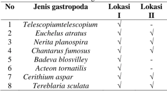 Tabel :  Hasil  Pengamatan  Gastropoda  pada  Ekosistem Mangrove 