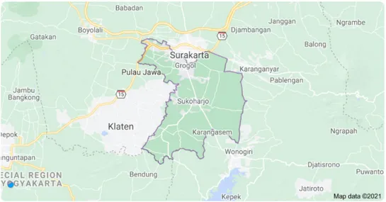 Gambar 1 Map Geografis Kabupaten Sukoharjo. (Sumber: Google Map, 2021)