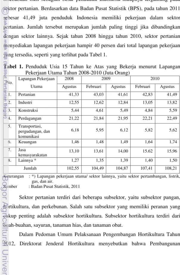 Tabel  1.  Penduduk  Usia  15  Tahun  ke  Atas  yang  Bekerja  menurut  Lapangan  Pekerjaan Utama Tahun 2008-2010 (Juta Orang)