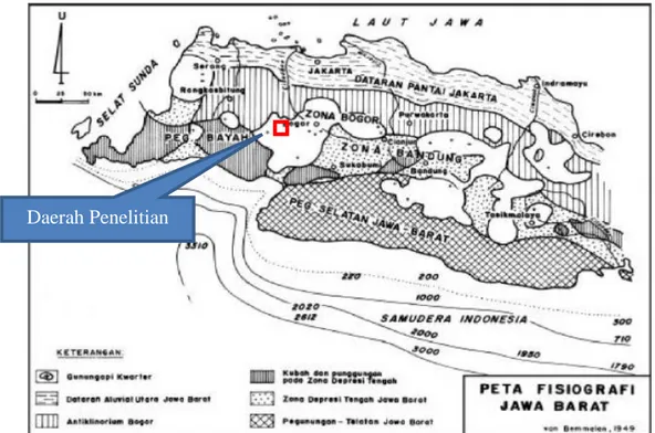 Gambar 1. Pembagian Fisiografi Jawa Barat (Van Bemmelen, 1949), daerah penelitian berada dalam kotak merah