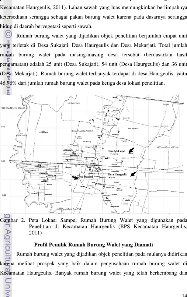 Gambar 2. Peta Lokasi Sampel Rumah Burung Walet yang digunakan pada  Penelitian di Kecamatan Haurgeulis (BPS Kecamatan Haurgeulis,  2011) 