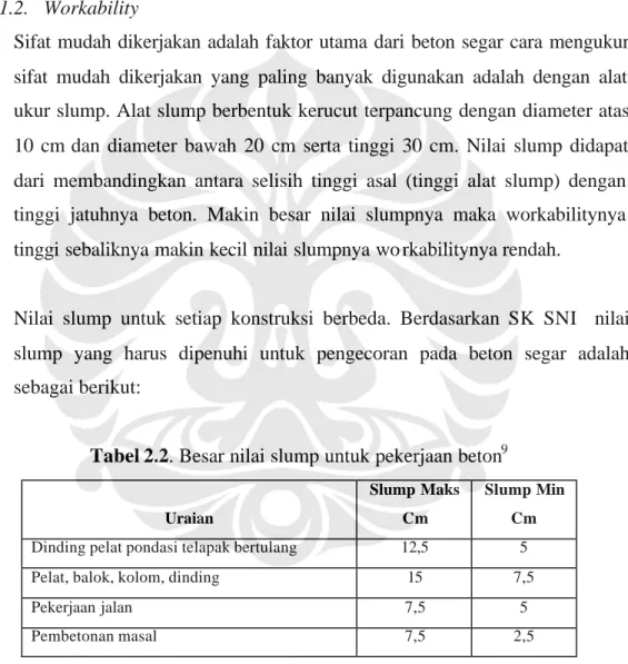 Tabel 2.2. Besar nilai slump untuk pekerjaan beton 9