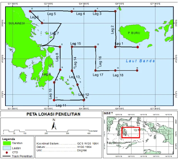 Gambar 1 Peta lokasi penelitian dan alur pelayaran di Laut Banda  memperoleh nilai salinitas dan suhu