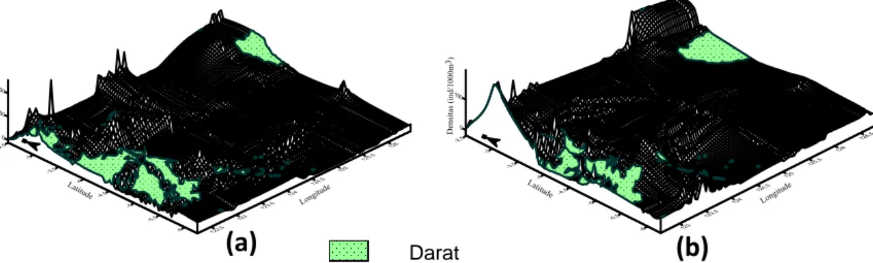 Gambar 4  Distribusi horizontal total densitas ikan pelagis kecil di Laut Banda pada waktu (a) siang  dan (b) malam 