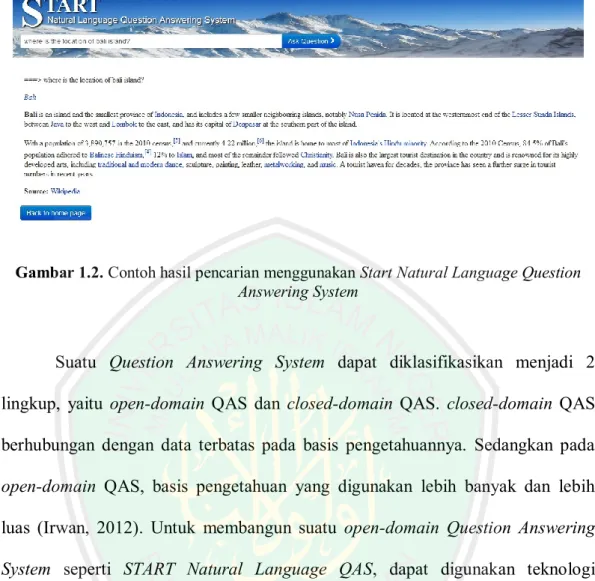 Gambar 1.2. Contoh hasil pencarian menggunakan Start Natural Language Question  Answering System 