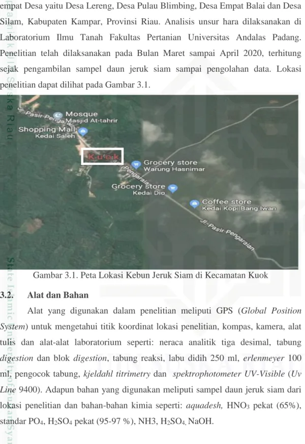 Gambar 3.1. Peta Lokasi Kebun Jeruk Siam di Kecamatan Kuok  3.2.   Alat dan Bahan 