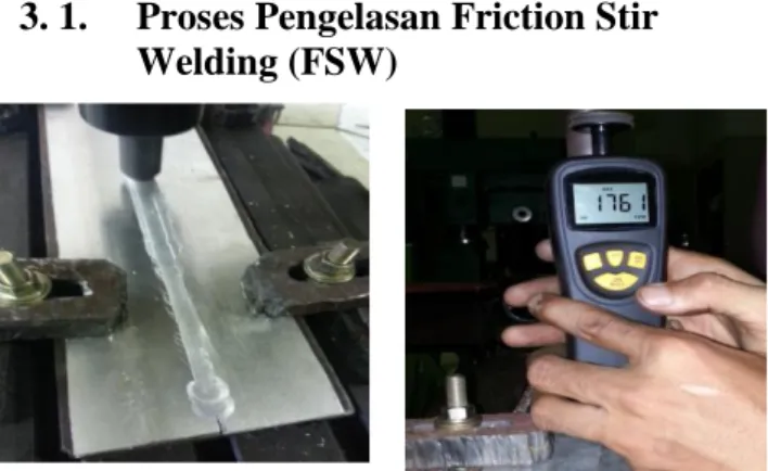 Gambar 5 Proses pengelasan  (FSW)  Pada  proses  pengelasan  fraction  stir  welding  (  FSW)  digunakan  putaran  tool  1700 Rpm dan kecepatan feeding.0.04 mm/s  3