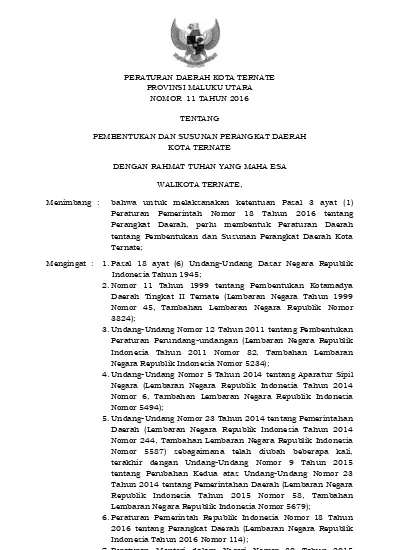 Peraturan Daerah Kota Ternate Provinsi Maluku Utara Nomor 11 Tahun 2016 Tentang Pembentukan Dan 6210