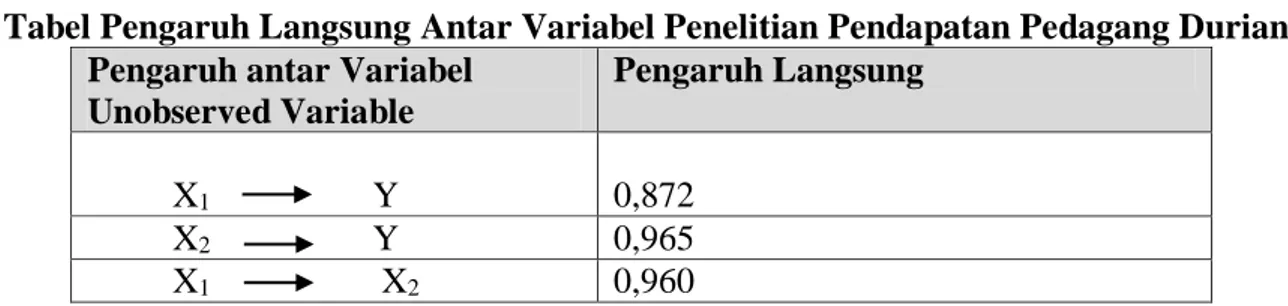 Tabel Pengaruh Langsung Antar Variabel Penelitian Pendapatan Pedagang Durian  Pengaruh antar Variabel 