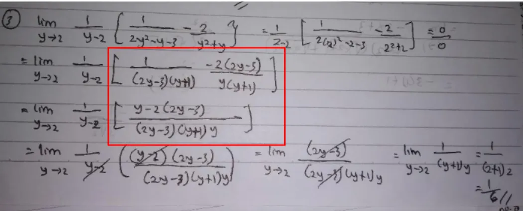 Gambar  4  juga  memperlihatkan  bahwa  siswa  kesulitan  dalam  menyamakan penyebut pada persoalan limit fungsi berbentuk pecahan