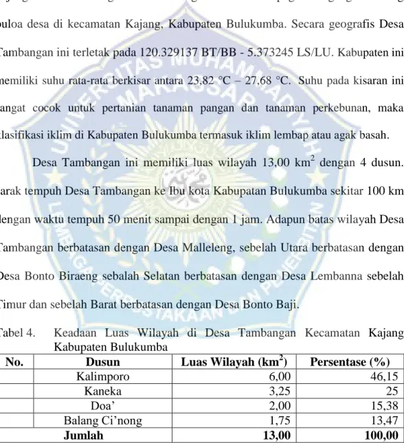 Tabel 4.  Keadaan  Luas  Wilayah  di  Desa  Tambangan  Kecamatan  Kajang  Kabupaten Bulukumba 