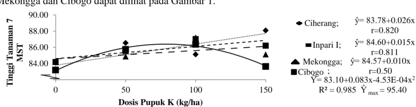 Gambar 1. Grafik hubungan antara dosis pupuk K dengan tinggi tanaman (cm) 