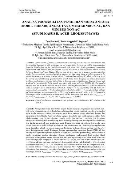 ANALISA PROBABILITAS PEMILIHAN MODA ANTARA MOBIL PRIBADI, ANGKUTAN UMUM ...