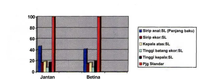 Gambar 2. Perbandingan antar parameter yang diukur per-jenis kelamin merupakan hasil analisa regresi dalam (mencirikan jenis kelamin pada ikan arwana irian S.formosus).
