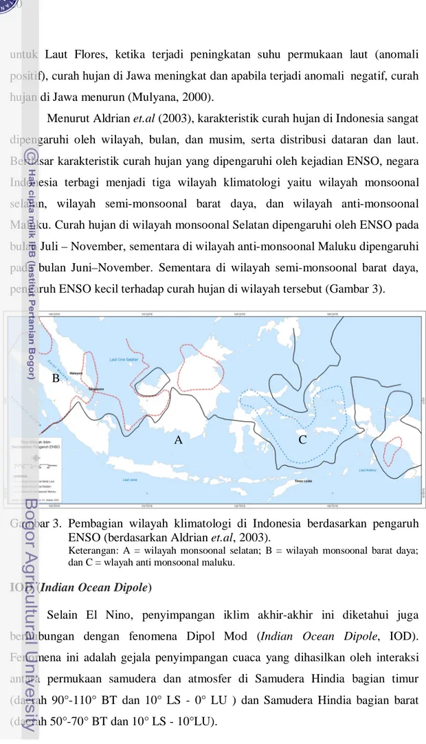 Gambar 3.  Pembagian  wilayah  klimatologi  di  Indonesia  berdasarkan  pengaruh  ENSO (berdasarkan Aldrian et.al, 2003)