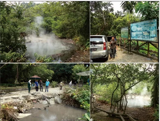 Figure 3. Geothermal features manifestation on Rimbo Panti Geotourism consist of a) hot  pool  and  hot  spring,  b)  welcome  board  to  the  geotourism,  but  there  is  not  any education signboard,  c) mud  pool  and small  pool that  can be  used  to 