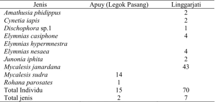 Gambar 3 menunjukkan bahwa jumlah jenis dan individu yang ditrangkap pada pagi hari baik di jalur pendakian Apuy maupun Linggarjati tampak lebih tinggi dibandingkan dengan yang tertangkap pada siang hari