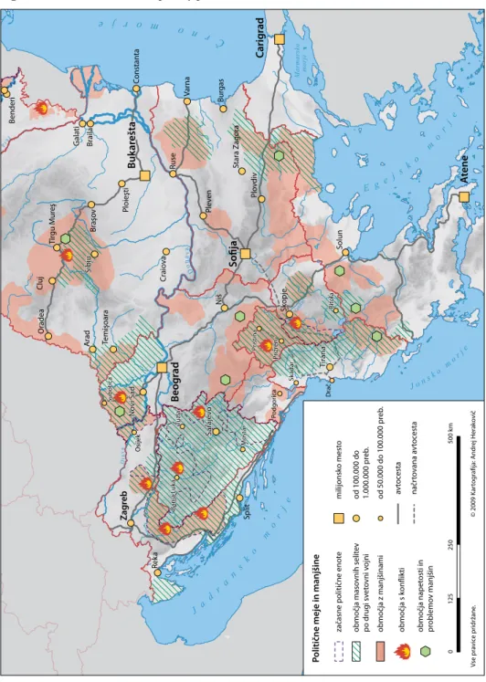 Figure 2: Political borders, temporary political units and minorities in the Balkans