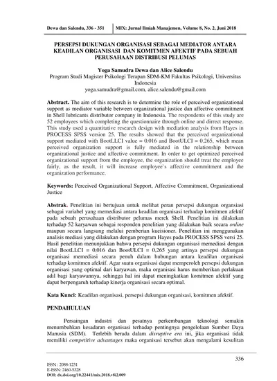 PERSEPSI DUKUNGAN ORGANISASI SEBAGAI MEDIATOR ANTARA KEADILAN ...