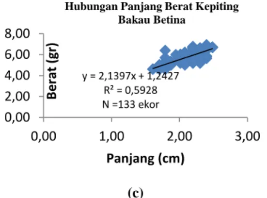 Gambar  4.Grafik  hubungan  panjang  berat  kepiting  bakau  (scylla  sp)  (a)  Gabungan  (b)  Jantan  (c)  Betina 