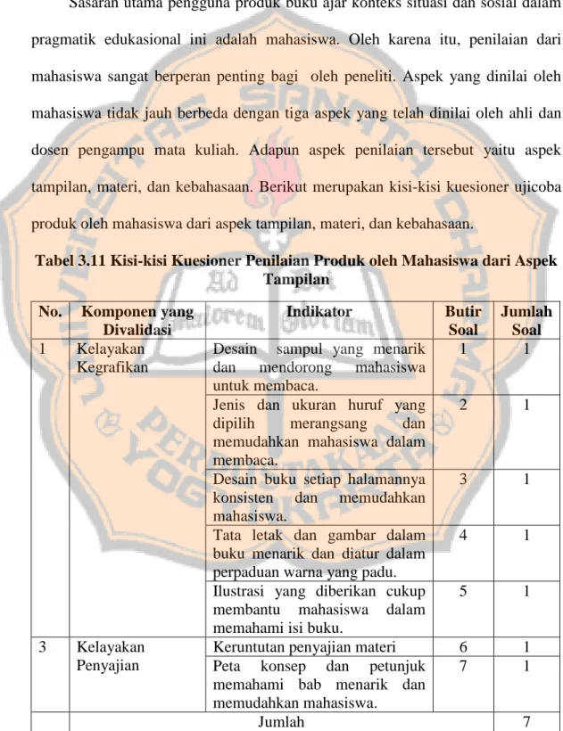 Tabel 3.11 Kisi-kisi Kuesioner Penilaian Produk oleh Mahasiswa dari Aspek  Tampilan