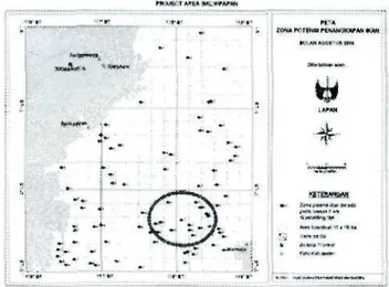 Gambar 3-7a: Sebaran klorofil-a per- Gambar 3-7b: Peta bathymetri  d a n WPT  airan selat Makassar ZPPI wilayah selat Makassar  Agustus 2004 bulan Agustus 2004 